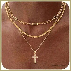 Layered 14K Gold Plated Cross Necklace Set with Cubic Zirconia Pendants